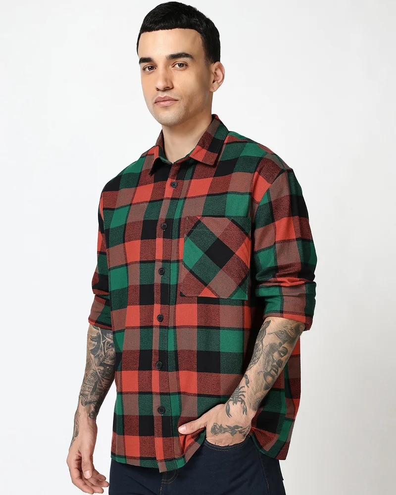 بيواكوف Men's Green & Red Checked Oversized Shirt